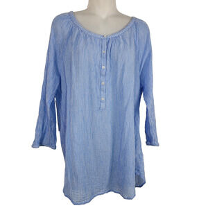 Chaps Denim Womens Popover Top 2X Blue Striped 3/4 Sleeve Gauzy Button Coastal